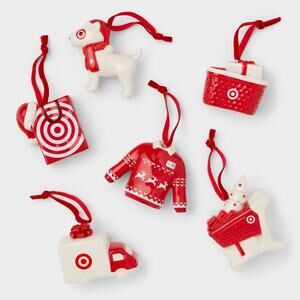 Wondershop 5pc Target Ceramic Christmas Ornaments Red White Bullseye NEW open